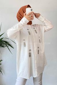 Modalamelif Önü Boydan Düğmeli Taş Detaylı Gömlek Ekru