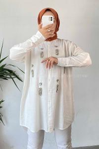 Modalamelif Önü Boydan Düğmeli Taş Detaylı Gömlek Ekru