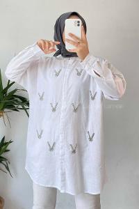 Modalamelif Önü Boydan Düğmeli Taş Detaylı Gömlek Ekru