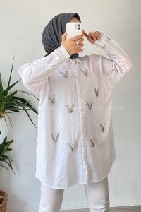 Modalamelif Önü Boydan Düğmeli Taş Detaylı Gömlek Ekru