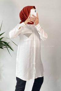 Modalamelif Önü Boydan Gizli Düğmeli Cep Taş Detaylı Gömlek Ekru