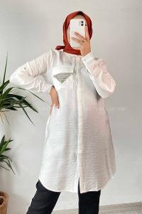 Modalamelif Önü Boydan Gizli Düğmeli Cep Taş Detaylı Gömlek Ekru