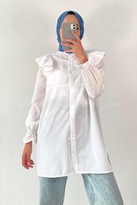 Modalamelif Önü Düğmeli Omuz Fırfır Detaytlı Gömlek Beyaz