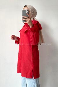 Modalamelif Önü Düğmeli Omuz Fırfır Detaytlı Gömlek Kırmızı