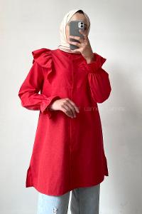 Modalamelif Önü Düğmeli Omuz Fırfır Detaytlı Gömlek Kırmızı