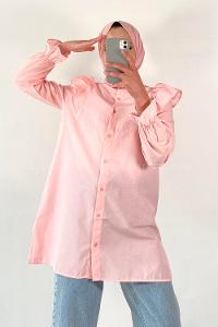 Modalamelif Önü Düğmeli Omuz Fırfır Detaytlı Gömlek Pembe