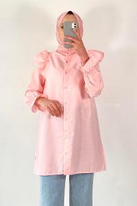 Modalamelif Önü Düğmeli Omuz Fırfır Detaytlı Gömlek Pembe