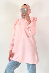 Modalamelif Önü Düğmeli Omuz Fırfır Detaytlı Gömlek Pembe