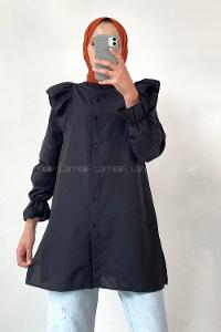 Modalamelif Önü Düğmeli Omuz Fırfır Detaytlı Gömlek Siyah