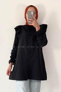 Modalamelif Önü Düğmeli Omuz Fırfır Detaytlı Gömlek Siyah