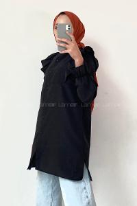 Modalamelif Önü Düğmeli Omuz Fırfır Detaytlı Gömlek Siyah