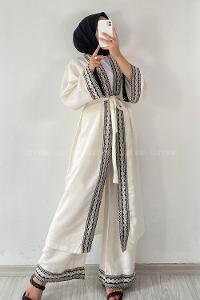 Modalamelif Hasır Modelli Çiçek İşlemeli İkili Takım Ekru