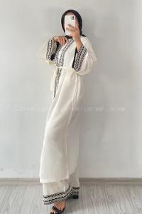 Modalamelif Hasır Modelli Çiçek İşlemeli İkili Takım Ekru