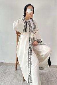 Modalamelif Hasır Modelli Çiçek İşlemeli İkili Takım Ekru