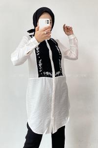 Modalamelif Önü Düğmeli Nakış Çiçek İşlemeli Gömlek Ekru-Siyah