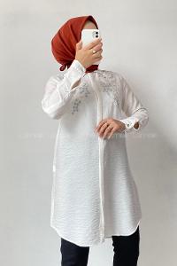 Modalamelif Önü Gizli Düğmeli Taş Motif Detaylı Gömlek Ekru