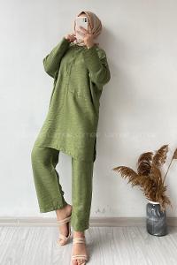 Modalamelif  Tek Cep Detaylı Önü Yarım Düğmeli İkili Takım Haki