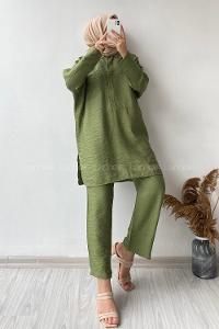 Modalamelif  Tek Cep Detaylı Önü Yarım Düğmeli İkili Takım Haki