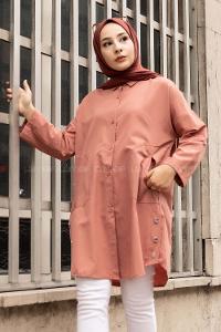 Modalamelif Gizli Cep Düşük Kol Gömlek Gül