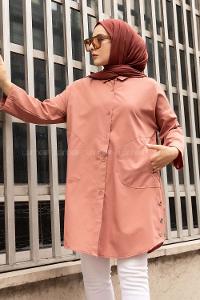 Modalamelif Gizli Cep Düşük Kol Gömlek Gül