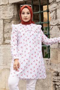 Modalamelif Hakim Yaka Önü Yarım Düğmeli Kiraz Desen Tunik