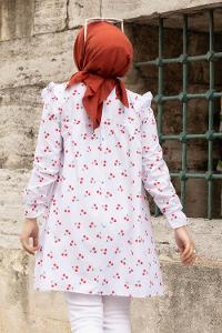 Modalamelif Hakim Yaka Önü Yarım Düğmeli Kiraz Desen Tunik