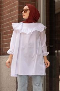 Modalamelif Önü Fırfır Detaylı Kol Lastikli Tunik Beyaz