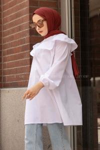 Modalamelif Önü Fırfır Detaylı Kol Lastikli Tunik Beyaz