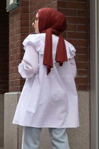 Modalamelif Önü Fırfır Detaylı Kol Lastikli Tunik Beyaz