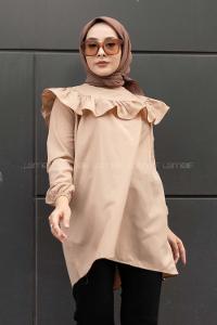 Modalamelif Önü Fırfır Detaylı Kol Lastikli Tunik Sütlü Kahve