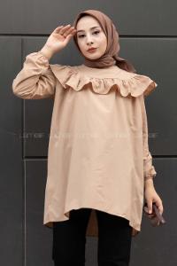 Modalamelif Önü Fırfır Detaylı Kol Lastikli Tunik Sütlü Kahve