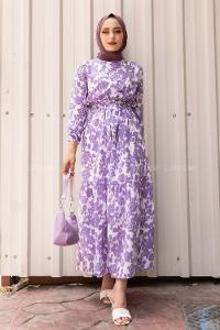 Modalamelif Soyut Model Kuşaklı Elbise Lila