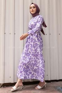 Modalamelif Soyut Model Kuşaklı Elbise Lila