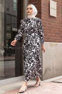 Modalamelif Soyut Model Kuşaklı Elbise Siyah