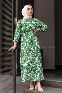 Modalamelif Soyut Model Kuşaklı Elbise Yeşil