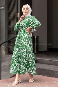 Modalamelif Soyut Model Kuşaklı Elbise Yeşil