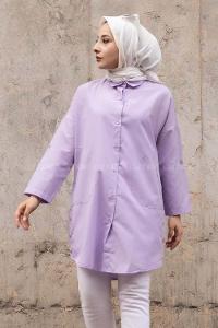 Modalamelif Gizli Cep Düşük Kol Gömlek Lila