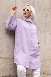 Modalamelif Gizli Cep Düşük Kol Gömlek Lila