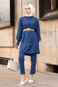 Modalamelif Hasır Kemerli Kolu Lastikli İkili Takım İndigo