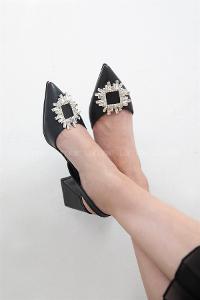 Modalamelif  Kadın Topuklu Taş Detay Saten Sandalet Siyah