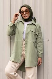 Modalamelif Kapak Cep Detaylı Önü Boydan Düğmeli Gömlek Çağla Yeşili