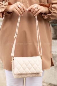 Lamelif Kapak Kilitli Kapitone Çanta Krem