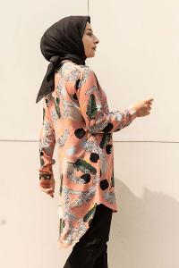 Modalamelif Önü Boydan Düğmeli Yaprak Desenli Gömlek Pembe