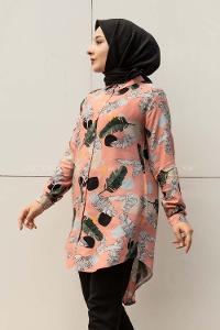 Modalamelif Önü Boydan Düğmeli Yaprak Desenli Gömlek Pembe