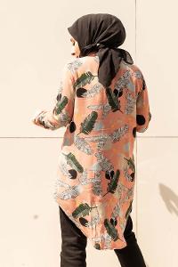 Modalamelif Önü Boydan Düğmeli Yaprak Desenli Gömlek Pembe