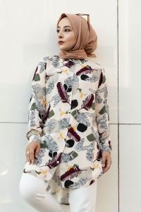Modalamelif Önü Boydan Düğmeli Yaprak Desenli Gömlek Taşrengi