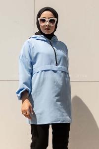 Modalamelif Önü Yarım Fermuarlı Kapüşon Detaylı  Tunik Açık Mavi