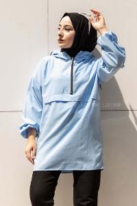 Modalamelif Önü Yarım Fermuarlı Kapüşon Detaylı  Tunik Açık Mavi