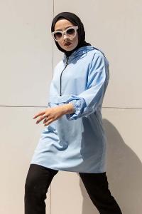 Modalamelif Önü Yarım Fermuarlı Kapüşon Detaylı  Tunik Açık Mavi