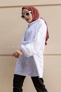 Modalamelif Önü Yarım Fermuarlı Kapüşon Detaylı  Tunik Beyaz